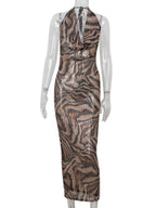 Leopard Print Sequins Deep V-neck Halter Neck And Backless Maxi Dresses