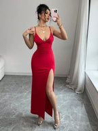 Hip-hugging Slit V-neck Formal Dress Midi Dresses