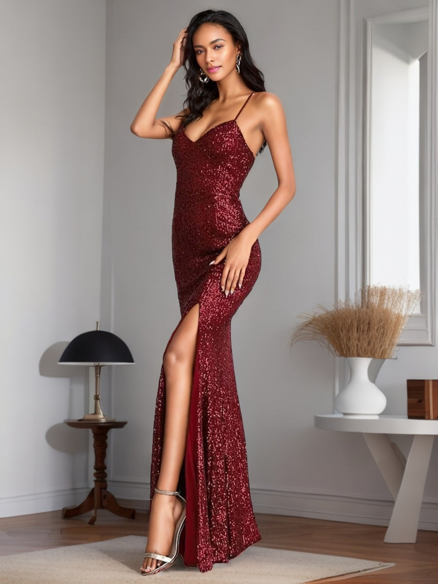 Sequins Slit Sexy Camisoles Formal Dress Maxi Dresses