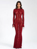 Leopard Print Backless Round Neck Long Sleeve Fish Tail Maxi Dresses