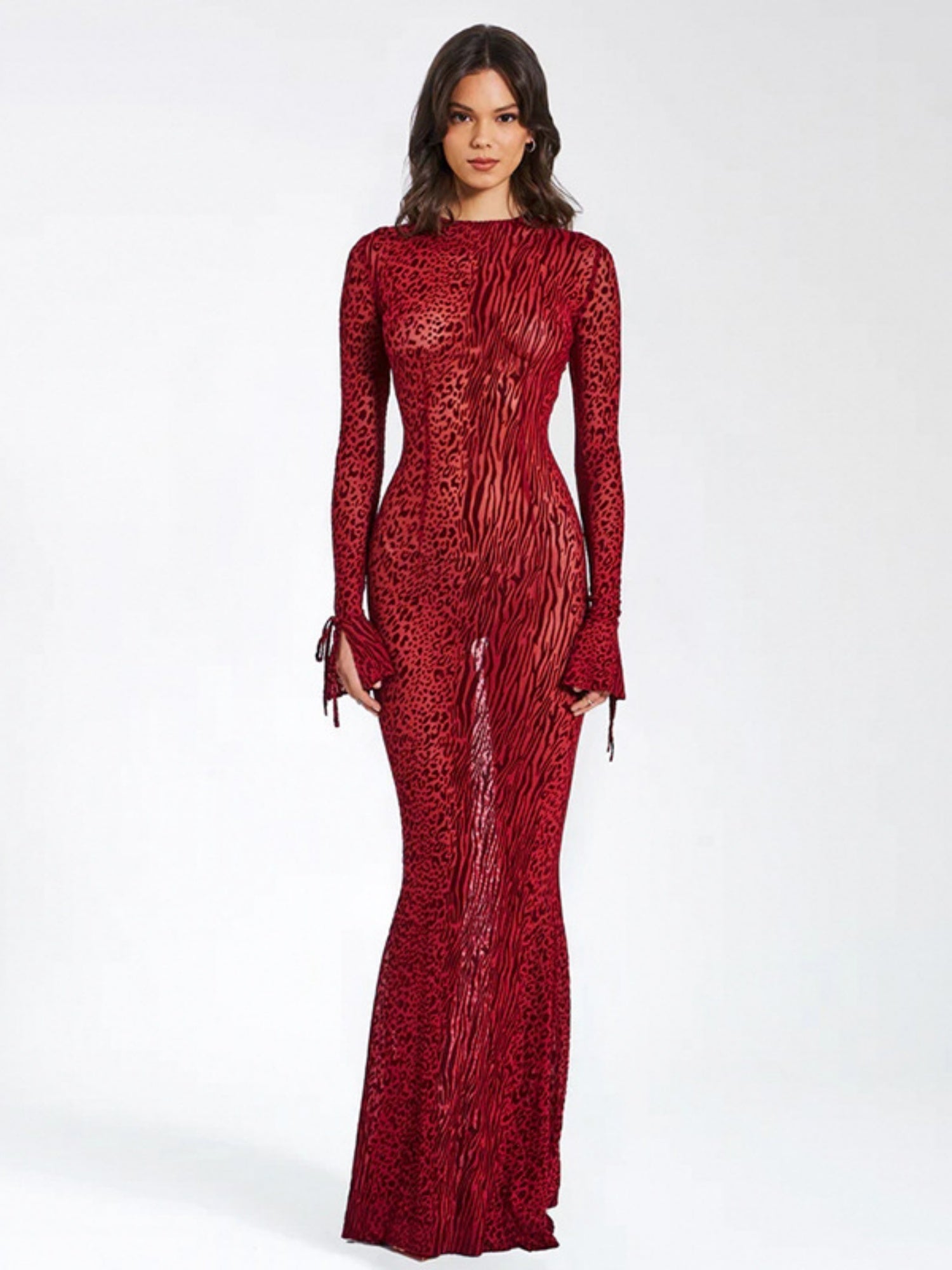 Leopard Print Backless Round Neck Long Sleeve Fish Tail Maxi Dresses