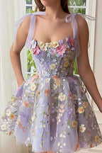 Sweetheart Corset Bodice 3D Floral Embroidered Tie Shoulder Mini Dress