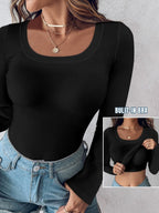 With Bra U-neck Thread Solid Color Long Sleeve T-shirts