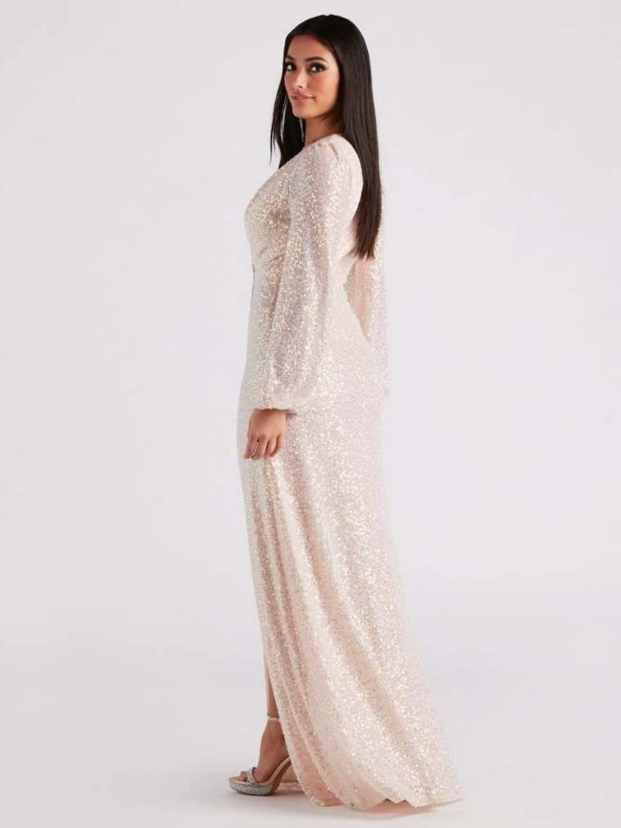 V-neck Slit Sequins Banquet Formal Dress Maxi Dresses