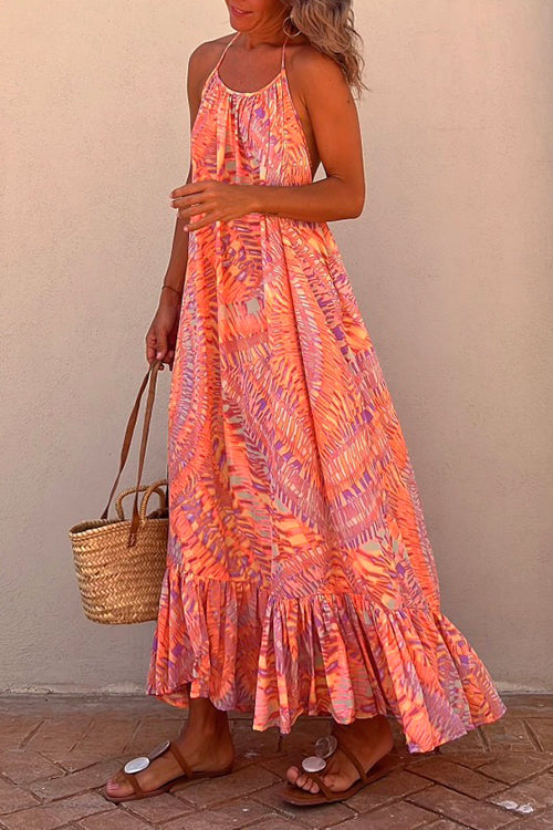 Halter Backless Printed Maxi Ruffle Swing Dress