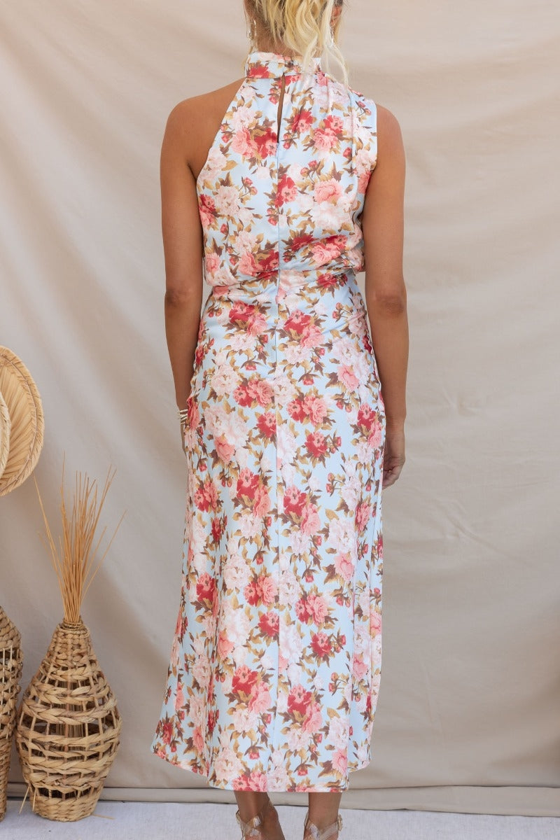 Satin Floral Print Halter Neck Cowl Neck Two Piece Set