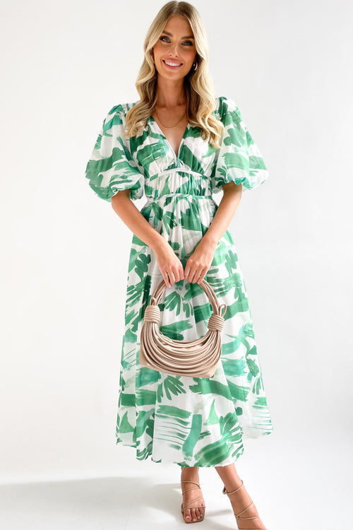 Abstract Geometric Print Deep V-Neck Puff Sleeve Cinched Waist Maxi Dress