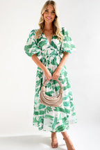 Abstract Geometric Print Deep V-Neck Puff Sleeve Cinched Waist Maxi Dress