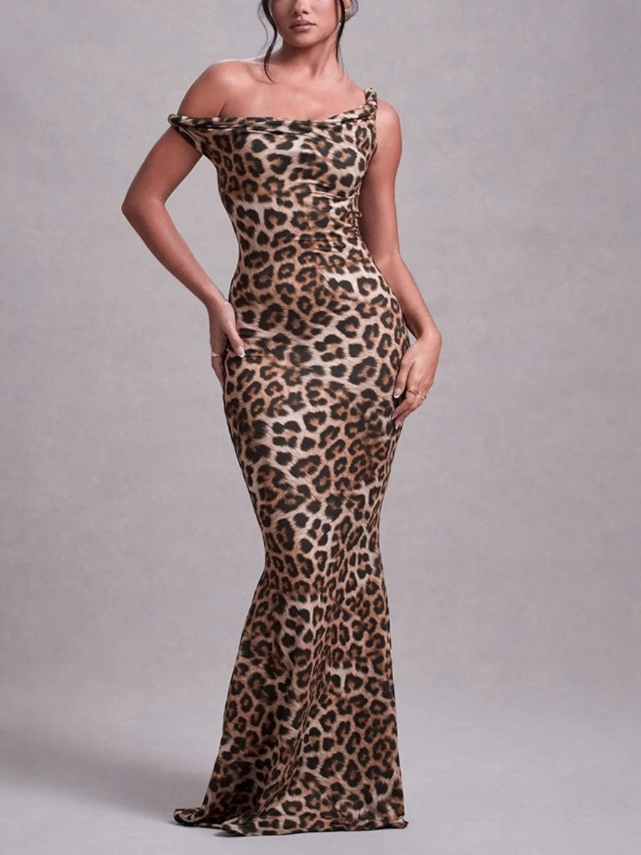 Milk Silk Leopard Print Printed Slim-fit Hip-hugging Maxi Dresses