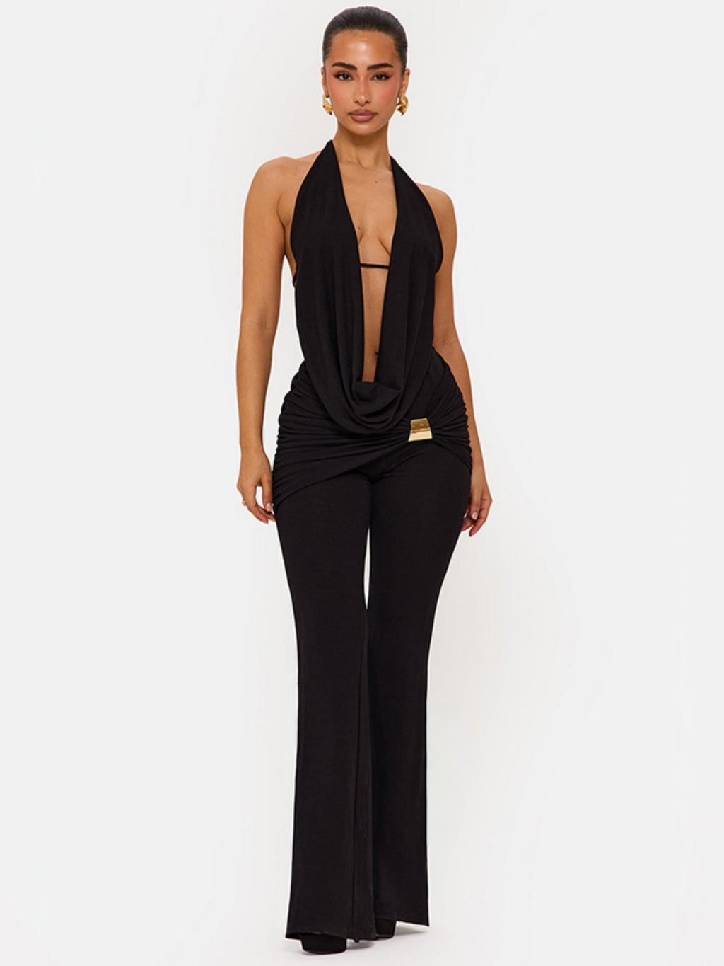 Halter Neck Collar Backless Tie-up Top Metal Buckle Flared Trousers 2-piece Sets