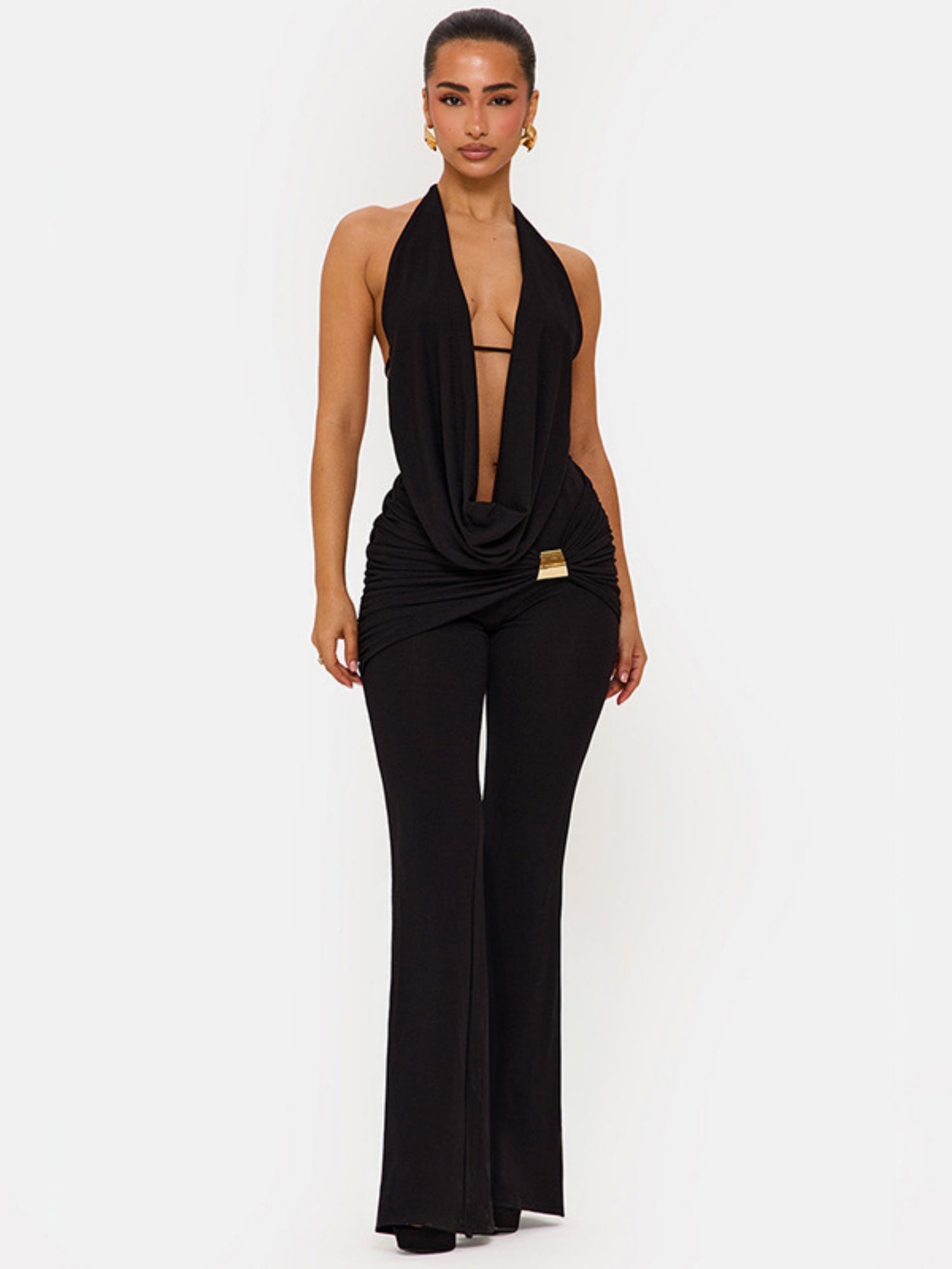 Halter Neck Collar Backless Tie-up Top Metal Buckle Flared Trousers 2-piece Sets