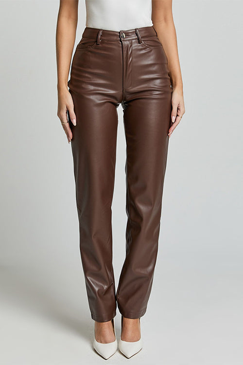 High Rise Pocketed Casual Faux Leather Pants