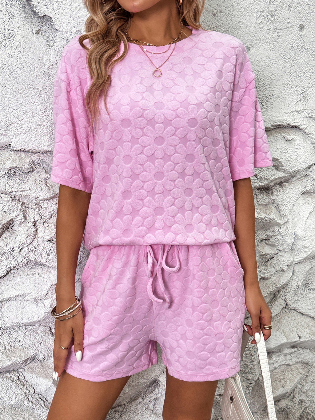 Sunflower Jacquard Short-sleeved T-shirt Strappy Shorts 2-piece Sets