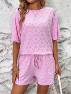 Sunflower Jacquard Short-sleeved T-shirt Strappy Shorts 2-piece Sets