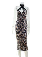 Leopard Print Cross-neck Backless And Figure-hugging Maxi Dresses