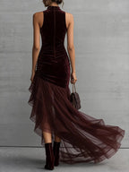 Velvet Turtleneck Sleeveless Irregular Hem Chiffon Evening Dress Maxi Dresses