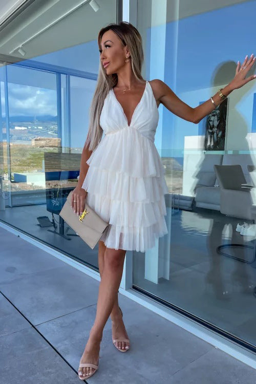 Deep V-Neck Tiered Tulle Ruffle Mini Dress