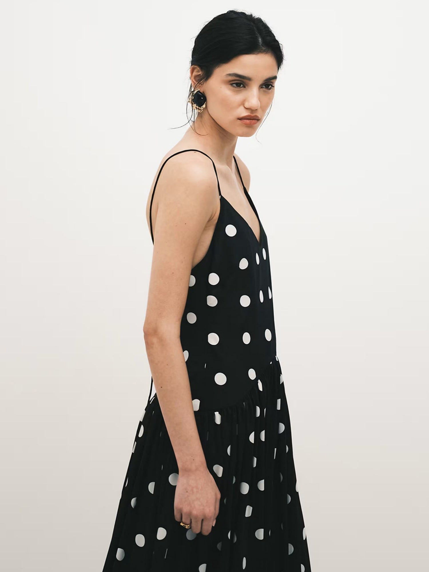 Polka Dots V-neck Suspenders Backless Large Skirt No Belt Maxi Dresses