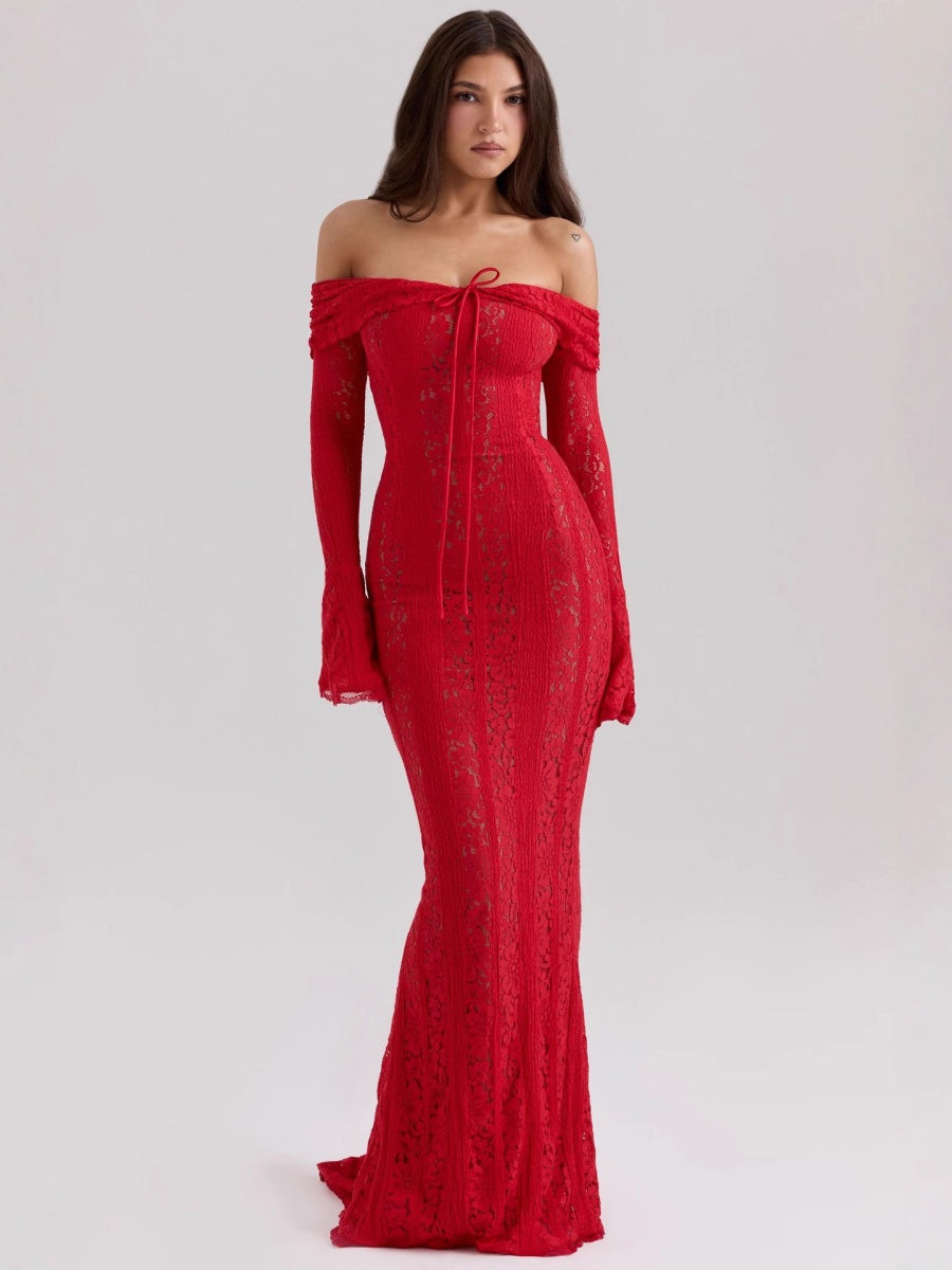 Lace Hollow Off Shoulder Flared Sleeves Hip-hugging Maxi Dresses