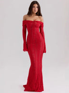 Lace Hollow Off Shoulder Flared Sleeves Hip-hugging Maxi Dresses