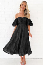 Off Shoulder Ruched Bust Puff Sleeve Floral Jacquard Midi Dress