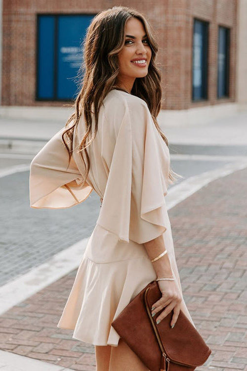 Surplice Wrap Buckle Waist Flutter Sleeve Ruffled Hem Mini Dress