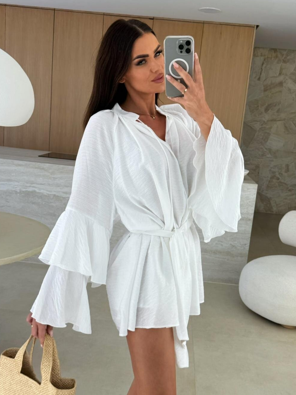 V-neck, Irregular Tie-waist, Long-sleeved, Loose-fitting Short Dress