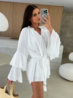 V-neck, Irregular Tie-waist, Long-sleeved, Loose-fitting Short Dress