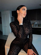 Leopard Print Flocked Sheer Slimming Effect Jumpsuits