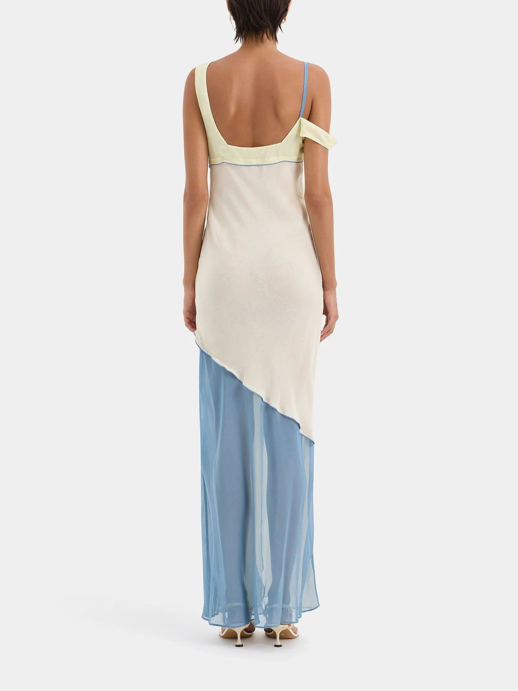 Asymmetric Collar Contrast Panel Thigh Slit Sleeveless Maxi Dress