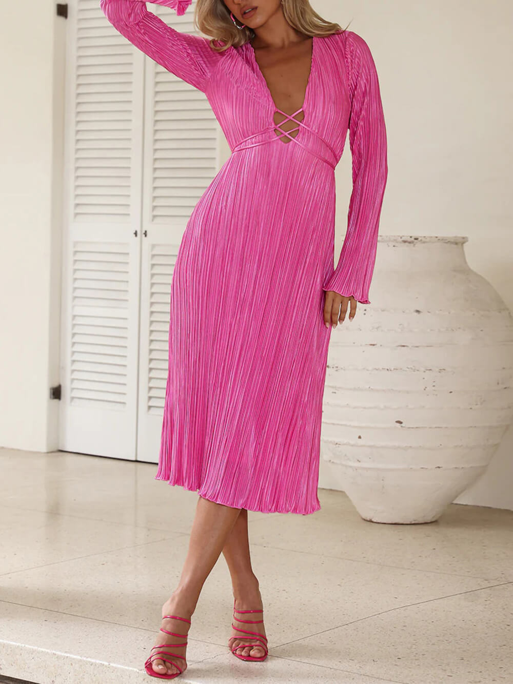 Lace-Up Plunging V-Neck Pleated Long Sleeve Empire Midi Dress