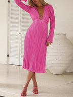 Lace-Up Plunging V-Neck Pleated Long Sleeve Empire Midi Dress
