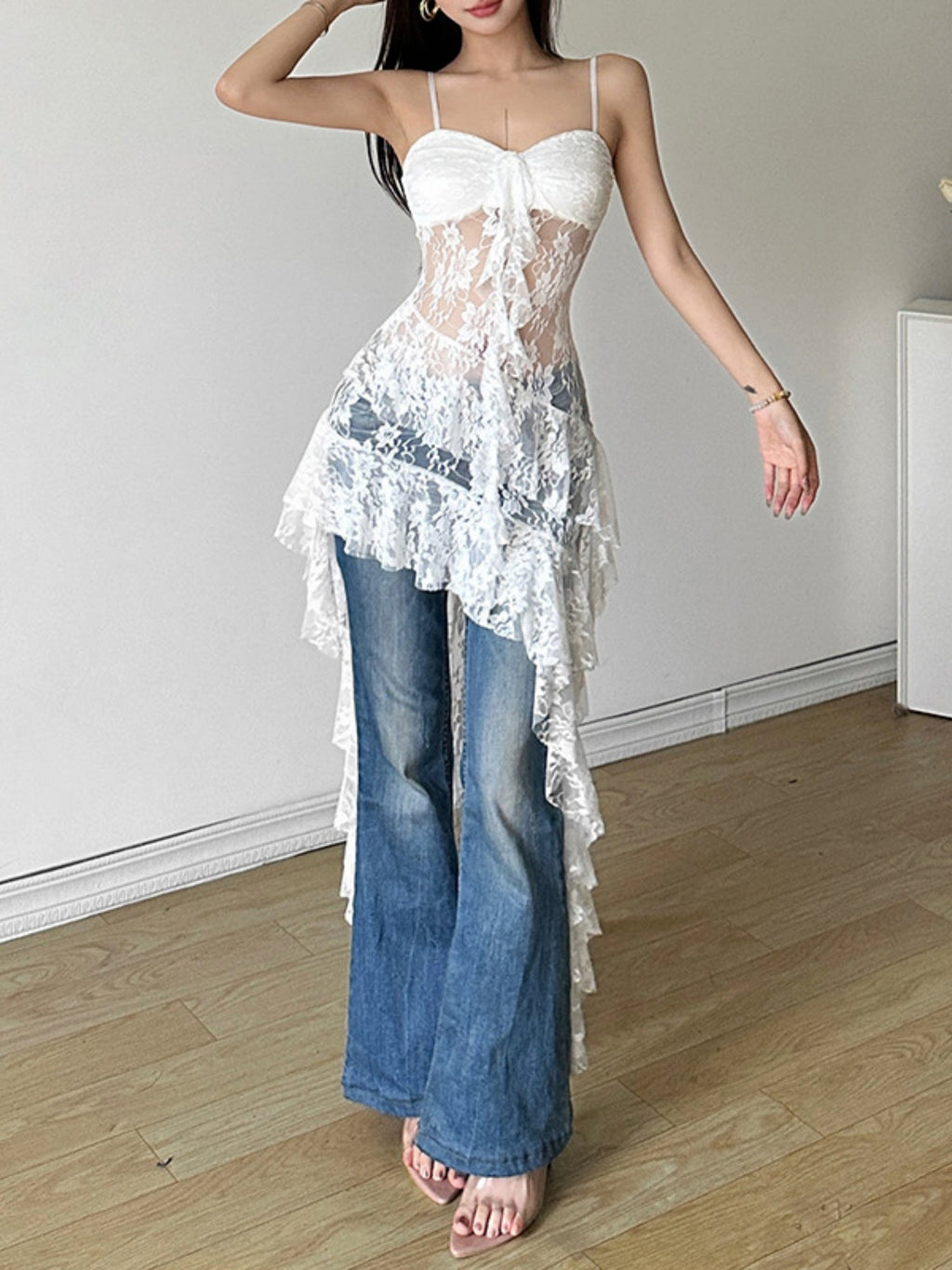 Lace See-through Ruffle Irregular Hem Camisoles Mini&Short Dresses