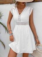 Lace Trim Openwork Jacquard V-neck, Fitted Waist Mini&Short Dresses