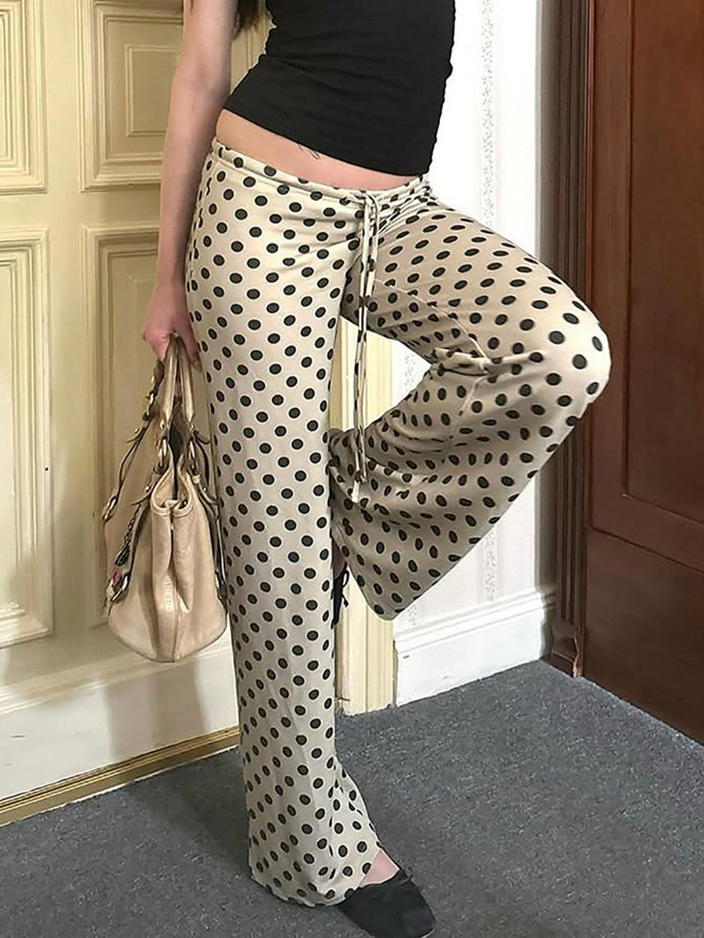 Polka Dots Low-rise Loose-fit Micro-flared Pants