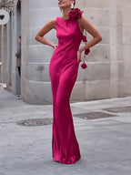 Boat Neck Sleeveless Satin Rosette Shoulder Floral Drop Maxi Dress