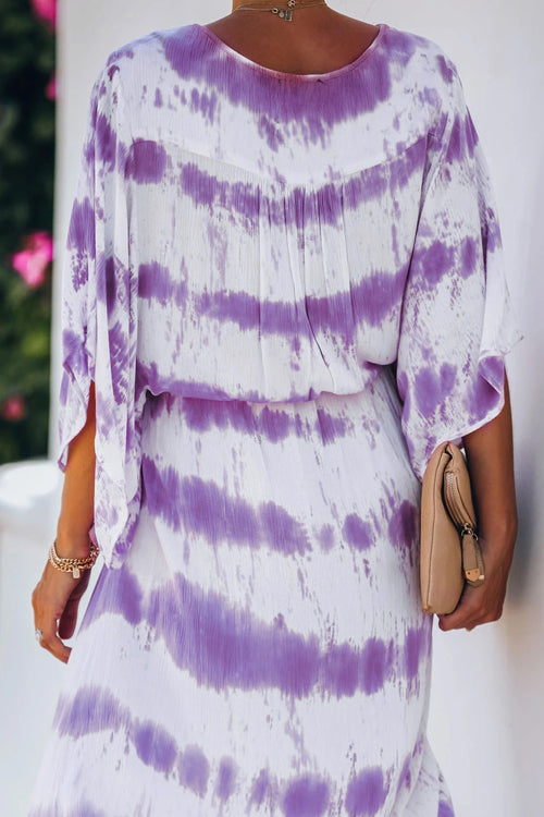 Tie Dye Print Kimono Sleeve Button Front Drawstring Waist Maxi Dress