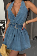 Halter Neck Deep V-Neck Wrap Front Belted Denim Mini Dress