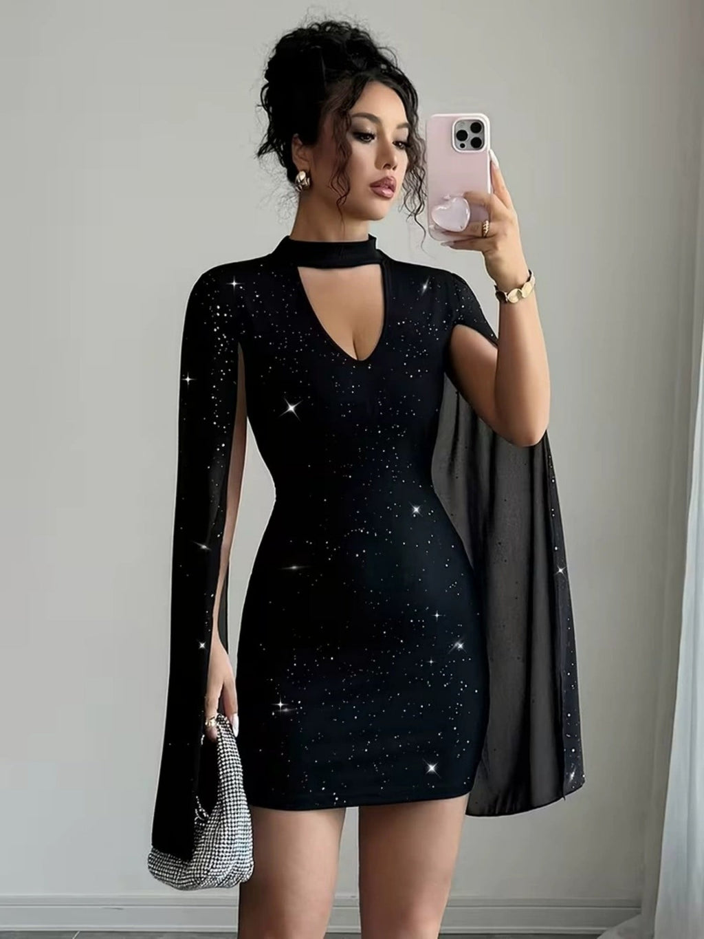 Sequins Chiffon Cape Openwork Chest Mini&Short Dresses