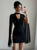 Sequins Chiffon Cape Openwork Chest Mini&Short Dresses