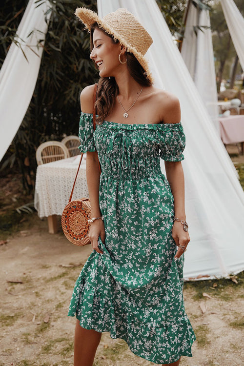 Off Shoulder Smocked Bodice Puff Sleeve Ruffle Hem Floral Midi Dress