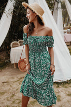 Off Shoulder Smocked Bodice Puff Sleeve Ruffle Hem Floral Midi Dress