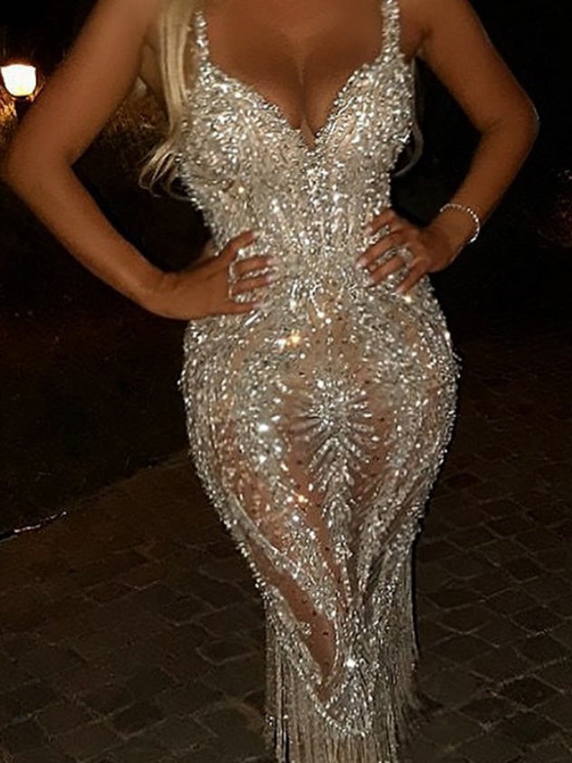 Deep V-neck Sleeveless Sequined Maxi Dress