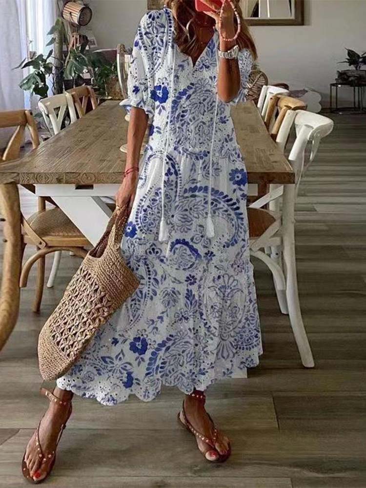 Eyelet Lace Deep V-Neck Tassel Tie Puff Sleeve Tiered Maxi Dress