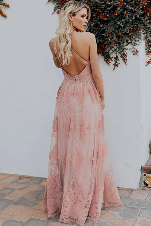 Halter Deep V-Neck Lace Floral Embroidered Empire Waist Backless Maxi Dress
