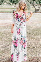 Wrap V-Neck Three Quarter Sleeve Tie Waist Floral Maxi Dress