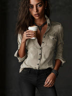 Lapel Single-breasted Retro Long Sleeve Distressed Shirts
