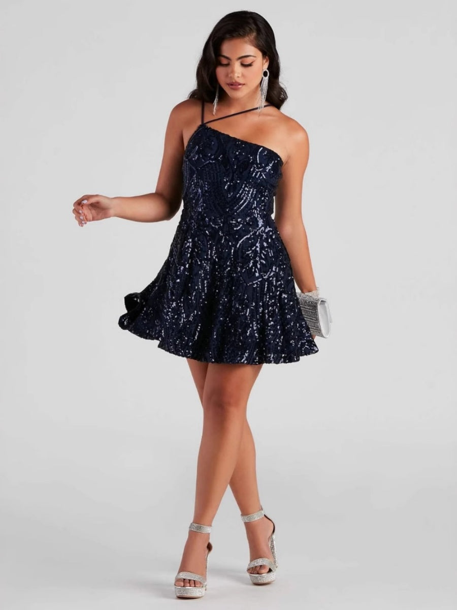 Sequins One Shoulder Sleeveless Formal Dress Parties Mini&Short Dresses