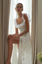 Eyelet Floral Lace Ruffled Square Neck Smocked Waist Tiered High Split Maxi Dress