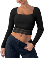 Solid Color Lace Hem Square Neck Crop Long Sleeve Knit